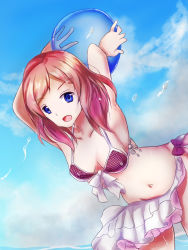Rule 34 | 10s, 1girl, absurdres, arm up, artist request, ball, bare shoulders, beachball, bikini, bikini top only, blue sky, blush, breasts, cleavage, female focus, hair ornament, hairclip, highres, looking at viewer, love live!, love live! school idol project, navel, nishikino maki, polka dot, polka dot bikini, polka dot swimsuit, purple bikini, purple eyes, red hair, shiny skin, short hair, sky, small breasts, solo, strap lift, swimsuit, tan, tanline