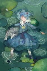 Rule 34 | 1girl, absurdres, blue footwear, blue hair, blush, boots, collar, dress, closed eyes, frilled collar, frilled shirt collar, frills, hair bobbles, hair ornament, hat, unworn hat, unworn headwear, highres, jewelry, kawashiro nitori, key, key necklace, leaf, lily pad, long skirt, long sleeves, lying, lying on water, necklace, on back, painting (medium), partially submerged, pocket, rubber boots, shirt, skirt, skirt set, sleeping, smile, solo, toishi, touhou, traditional media, twintails, two side up, wading, water, watercolor (medium), wet, wet clothes