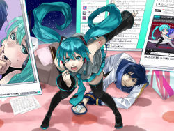 Rule 34 | 1boy, 1girl, aqua eyes, aqua hair, blue eyes, blue hair, danmaku comments, detached sleeves, grabbing another&#039;s chin, hand on another&#039;s chin, hatsune miku, headset, highres, jpeg artifacts, kaito (vocaloid), leaning forward, long hair, looking at viewer, mirror, necktie, niconico, ono tako, open mouth, panties, pantyshot, sheet music, skirt, striped clothes, striped panties, thighhighs, twintails, twitter, underwear, upskirt, very long hair, vocaloid