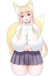 Rule 34 | 1girl, :d, animal ears, blonde hair, breasts, bursting breasts, button gap, cleavage, collared shirt, cowboy shot, curvy, fox ears, fox tail, futon7979, grey skirt, highres, huge breasts, impossible clothes, long hair, looking at viewer, miniskirt, open mouth, original, red eyes, school uniform, shirt, short sleeves, sidelocks, simple background, skirt, smile, solo, tail, taut clothes, thick thighs, thighs, white background, white shirt, yuzuno (futon)