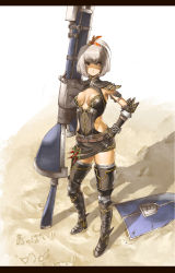 Rule 34 | 1girl, armor, armpits, bad id, bad pixiv id, belt, black thighhighs, blunt bangs, bob cut, boots, bracelet, breasts, brown eyes, capcom, cleavage, cleavage cutout, clothing cutout, dress, elbow gloves, espinas, gloves, greaves, grey hair, gun, hair ornament, hand on own hip, high ponytail, highres, huge weapon, jewelry, large breasts, letterboxed, looking away, midriff, monster hunter, monster hunter (series), monster hunter frontier, no bra, noir (armor), npa (sirokurokuma), outdoors, ponytail, ribbon, sand, shadow, shield, short dress, short hair, side slit, solo, spikes, standing, thigh boots, thighhighs, weapon, zettai ryouiki