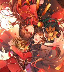 Rule 34 | 1boy, 1girl, belt, brother and sister, cape, cloak, closed mouth, crest, falling petals, family crest, fate/grand order, fate (series), fiery hair, gloves, hat, highres, long hair, looking at viewer, military hat, oda nobukatsu (fate), oda nobunaga (fate), oda uri, open mouth, peaked cap, petals, red cape, red cloak, red eyes, red theme, siblings, sidelocks, smile, sword, trap, twitter username, very long hair, weapon, white gloves, yui (tamagohan)