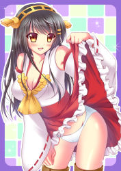 Rule 34 | 10s, 1girl, :d, bare shoulders, black hair, breasts, brown eyes, cameltoe, cleavage, clothes lift, detached sleeves, frilled skirt, frills, hair ornament, hairband, hairclip, haruna (kancolle), japanese clothes, kantai collection, large breasts, long hair, miko, open mouth, panties, personification, ribbon-trimmed sleeves, ribbon trim, skirt, skirt lift, smile, solo, underwear, upskirt, white panties, yamada chiaki