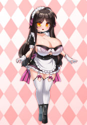 Rule 34 | 1girl, absurdres, ahoge, apron, belt collar, black hair, blush, boots, breasts, cleavage, cleavage cutout, clothing cutout, collar, collarbone, covered erect nipples, dress, frilled dress, frills, full body, garter straps, gloves, highres, huge breasts, katuu, large breasts, long hair, maid, maid apron, maid headdress, nipples, oppai loli, original, ribbon, shortstack, smile, solo, thighhighs, underboob cutout, white gloves, yellow eyes