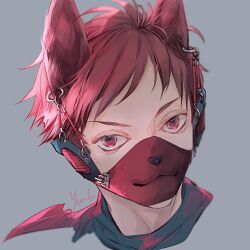 Rule 34 | 1boy, animal ears, ear piercing, grey background, looking at viewer, male focus, mask, mouth mask, nemumi no sora, original, piercing, portrait, red eyes, red hair, short hair, simple background, solo
