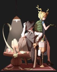 Rule 34 | 2girls, absurdres, alcohol, antlers, armrest, black background, black hair, blonde hair, bottle, breasts, carpet, chair, china dress, chinese clothes, coin, collar, dragon girl, dragon horns, dragon tail, dress, fedora, formal, frown, glass, hair over one eye, hat, hat over one eye, hat tip, high heels, highres, horns, horse tail, ice, ice bucket, ice cube, kicchou yachie, kiseru, kurokoma saki, lamp, legs on table, legs up, long sleeves, medium breasts, mefomefo, money, multiple girls, necktie, pantyhose, puffy long sleeves, puffy sleeves, red eyes, scales, shell, sleeveless, sleeveless dress, smoking pipe, suit, table, tail, teeth, touhou, wine bottle