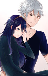 Rule 34 | 1boy, 1girl, alternate costume, ameno (a meno0), blue eyes, blue hair, blue shirt, blue sweater, blush, brown eyes, casual, collarbone, fire emblem, fire emblem awakening, hair between eyes, hair ornament, hetero, long hair, long sleeves, looking at another, lucina (fire emblem), nintendo, one eye closed, parted lips, ribbed sweater, robin (fire emblem), robin (male) (fire emblem), rubbing eyes, shirt, short hair, short sleeves, simple background, sitting, sitting on lap, sitting on person, sleepy, smile, sweater, t-shirt, teeth, tiara, turtleneck, turtleneck sweater, white background, white hair