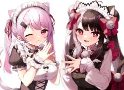 Rule 34 | 2girls, :d, ;), alternate costume, animal ear fluff, animal ears, bell, black dress, black hair, blush, bow, breasts, cat ears, cat girl, cat tail, closed mouth, collared shirt, commentary request, double bun, dress, enmaided, grey hair, hair bell, hair bow, hair bun, hair ornament, hair ribbon, hairclip, hands up, jingle bell, long hair, long sleeves, looking at viewer, maid, maid headdress, medium breasts, multicolored hair, multiple girls, nijisanji, one eye closed, open mouth, pink hair, puffy short sleeves, puffy sleeves, purple eyes, red bow, red eyes, red hair, red ribbon, ribbon, shiina yuika, shiina yuika (5th costume), shirt, short sleeves, simple background, sleeveless, sleeveless dress, sleeves past wrists, smile, split-color hair, steepled fingers, streaked hair, tail, tail bell, tail bow, tail ornament, tail raised, tail ribbon, twintails, two-tone hair, upper body, virtual youtuber, white background, white shirt, wrist cuffs, yamabukiiro, yorumi rena, yorumi rena (5th costume)