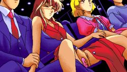 Rule 34 | 1990s (style), 2boys, 2girls, 5 jikanme no venus, bare arms, bare shoulders, blonde hair, brown hair, business suit, dress, fairy dust, formal, game cg, hetero, indoors, lowres, multiple boys, multiple girls, mutual masturbation, necktie, open clothes, open dress, panties, pantyshot, pc98, pink dress, pink panties, pixel art, red dress, red necktie, retro artstyle, sleeveless, sleeveless dress, spread legs, suit, tagme, underwear