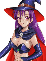 Rule 34 | 1girl, :3, arm warmers, belt, breasts, cape, cleavage, earrings, ebifly, elbow gloves, glasses, gloves, hat, jewelry, large breasts, purple eyes, purple hair, skull, solo, witch, witch hat