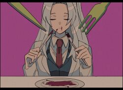 Rule 34 | 1girl, angela (project moon), black jacket, blood, blood on face, blue hair, coat, collared shirt, fork, highres, holding, holding fork, holding knife, jacket, knife, lab coat, lobotomy corporation, long hair, long sleeves, mu46016419, necktie, one side up, parted bangs, plate, project moon, red necktie, shirt, sidelocks, solo, very long hair, white coat, white shirt