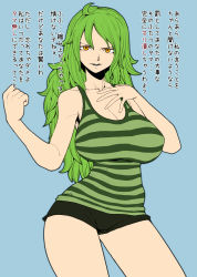 Rule 34 | 1girl, ahoge, blue background, breasts, cleavage, clenched hand, contrapposto, donquixote pirates, flat color, green hair, highres, large breasts, long hair, monet (one piece), one piece, punk hazard, short shorts, shorts, simple background, solo, spacezin, standing, striped, tank top, translated, yellow eyes