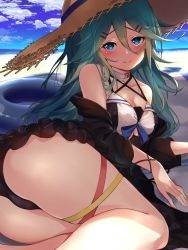 Rule 34 | 1girl, alternate costume, ass, bare shoulders, beach, beach mat, bikini, black kimono, blue sky, blush, bracelet, breasts, choker, cleavage, closed mouth, collarbone, day, frown, green eyes, green hair, hair between eyes, hair ornament, hair ribbon, hairclip, hat, hip focus, innertube, japanese clothes, jewelry, kantai collection, kimono, long hair, looking at viewer, lying, medium breasts, off shoulder, on side, open clothes, open kimono, outdoors, ponytail, ribbon, sand, sky, smile, solo, sun hat, swim ring, swimsuit, thighs, yamakaze (kancolle), youmou usagi