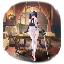 Rule 34 | 1girl, arm support, azur lane, bare shoulders, black hair, breasts, carpet, china dress, chinese clothes, cleavage, cleavage cutout, clothing cutout, couch, cup, curtains, dress, elbow gloves, gloves, gujianshaonu, hair ornament, hand up, highres, indoors, lamp, long hair, looking at viewer, medium breasts, official art, on table, peter strasser (azur lane), peter strasser (lustrous jade of the golden house) (azur lane), phonograph, red eyes, shadow, sitting, sitting on table, sleeveless, solo, table, teacup, thighhighs, thighs, twintails, very long hair