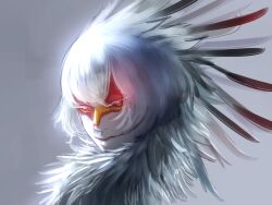 Rule 34 | 1other, bird, closed mouth, colored eyelashes, commentary request, feather hair, feathers, grey background, highres, human head, looking at viewer, metamon1996, original, portrait, red eyes, red lips, secretarybird, short hair, smile, solo, white feathers, white hair