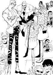 Rule 34 | 2boys, before and after, bird, clenched teeth, coat, coat on shoulders, cup, donquixote doflamingo, expressionless, flamingo, food, food on face, fur coat, grin, highres, holding, holding cup, looking at viewer, looking to the side, military, military uniform, monochrome, multiple boys, multiple views, one piece, oshiri ke, pectorals, short hair, smile, standing, standing on liquid, sunglasses, teeth, translation request, uniform, vergo, aged down