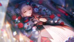 Rule 34 | 1girl, black gloves, blue flower, blue rose, blush, breasts, button eyes, buttons, candle, charlotta skopovskaya, coffin, dress, flower, gloves, grey hair, hair bun, heaven burns red, highres, holding, holding stuffed toy, long hair, lying, non-web source, official art, on back, red flower, red rose, rose, single side bun, small breasts, solo, stuffed animal, stuffed cat, stuffed toy, vampire costume, yellow eyes