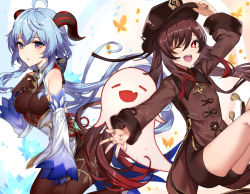 Rule 34 | 2girls, ;d, ahoge, bare shoulders, bell, bike shorts, black headwear, black shorts, blue hair, blush, bodystocking, brown gloves, brown legwear, bug, butterfly, chinese clothes, detached sleeves, flower-shaped pupils, ganyu (genshin impact), genshin impact, ghost, gloves, gradient hair, hand on headwear, hand on own chest, haru (nakajou-28), horns, hu tao (genshin impact), insect, jewelry, long hair, long sleeves, looking at viewer, multicolored hair, multiple girls, multiple rings, one eye closed, open mouth, outstretched arm, parted lips, pink eyes, red eyes, red hair, ring, short shorts, shorts, simple background, smile, symbol-shaped pupils, tassel, teeth, twintails, upper teeth only, very long hair, white background
