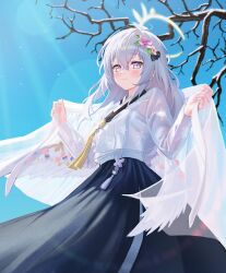 Rule 34 | 1girl, absurdres, angel wings, azusa (blue archive), black skirt, blue archive, blue sky, blush, crossed bangs, feathered wings, floral print, flower, hair flower, hair ornament, halo, hanbok, highres, korean clothes, long hair, long sleeves, looking at viewer, low wings, pink eyes, pink hair, purple flower, see-through, see-through shirt, shawl, skirt, sky, smile, solo, supersugar, white hair, white hanbok, white shawl, wings