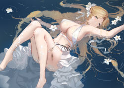 Rule 34 | 1girl, absurdres, afloat, ass, azur lane, blonde hair, blue eyes, breasts, brest (azur lane), cleavage, feet, floating, floating hair, flower, frills, hair flower, hair ornament, highres, huijin zhi ling, large breasts, long hair, looking at viewer, lying, on back, outstretched arms, pointy ears, solo, swimsuit, thighs, water