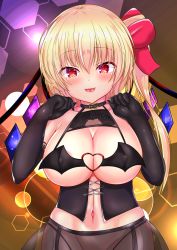 Rule 34 | 1girl, black gloves, blonde hair, blush, breasts, cleavage, commentary request, covered erect nipples, cowboy shot, elbow gloves, fangs, flandre scarlet, garter belt, garter straps, gloves, hair between eyes, heart, highres, kurenai (anohitop), large breasts, lingerie, long hair, looking at viewer, multicolored wings, navel, nipples, open mouth, orange background, red eyes, side ponytail, solo, touhou, underwear, wings