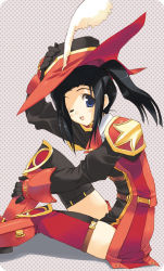 Rule 34 | 00s, 1girl, amazuyu tatsuki, black hair, blue eyes, final fantasy, final fantasy xi, gloves, hume, looking at viewer, one eye closed, open mouth, red mage (final fantasy), sitting, solo, thighhighs