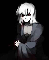 Rule 34 | 00s, 1boy, black background, blood, blood on face, hair over eyes, male focus, monochrome, mtyy, red eyes, short hair, solo, tohno shiki (2), tsukihime, white hair