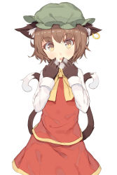 Rule 34 | 1girl, animal ears, black gloves, blush, brown eyes, brown hair, cat ears, cat tail, chen, earrings, fang, gloves, hat, highres, jewelry, long sleeves, looking at viewer, matching hair/eyes, mob cap, multiple tails, nekomata, open mouth, shone, simple background, single earring, solo, tail, touhou, two tails, white background
