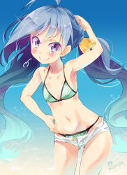 Rule 34 | &gt;:), 10s, ahoge, arm behind head, armpits, artist name, bikini, blush, collarbone, flat chest, gradient background, green bikini, grey hair, hair ribbon, hand on own hip, highres, imu sanjo, kantai collection, kiyoshimo (kancolle), long hair, open fly, polka dot, polka dot bikini, polka dot swimsuit, purple eyes, ribbon, short shorts, shorts, signature, smile, solo, swimsuit, twintails, unbuttoned, unzipped, v-shaped eyebrows, very long hair, yellow ribbon