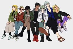Rule 34 | 3boys, 4girls, androgynous, bags under eyes, black eyes, black hair, blonde hair, blue eyes, boots, casual, choker, cigarette, cithis, dark-skinned female, dark-skinned male, dark elf, dark skin, dungeon meshi, elf, fleki, grey hair, hair around ear, holding, holding cigarette, jacket, jyodo1208, kabru, lazy eye, long hair, long sleeves, looking at viewer, low twintails, lycion, mithrun, multiple boys, multiple girls, notched ear, open mouth, otta (dungeon meshi), pants, pattadol, pointy ears, sandals, shirt, shoes, short hair, simple background, skirt, smile, sneakers, streetwear, sweater, twintails, uneven eyes, white background