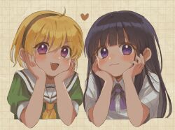 Rule 34 | 2girls, blonde hair, blunt ends, bow, bowtie, closed mouth, commentary, cropped torso, furude rika, green shirt, grid background, hairband, hands on own cheeks, hands on own face, head rest, heart, highres, higurashi no naku koro ni, houjou satoko, long hair, looking at viewer, morisata, multiple girls, neckerchief, open mouth, pink eyes, puffy short sleeves, puffy sleeves, purple bow, purple bowtie, purple eyes, purple hair, sailor collar, shirt, short hair, short sleeves, smile, symbol-only commentary, white sailor collar, white shirt, yellow neckerchief