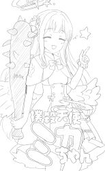 Rule 34 | 1girl, blue archive, breasts, capelet, club, club (weapon), dress, engiyoshi, feathered wings, flower, greyscale, hair flower, hair ornament, halo, hand up, highres, holding club, holding weapon, index finger raised, long hair, low wings, medium breasts, mika (blue archive), monochrome, scrunchie, simple background, solo, spiked club, star (symbol), translation request, very long hair, weapon, white background, wings, wrist scrunchie