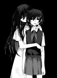 Rule 34 | 2girls, antenna hair, arm around waist, arms at sides, black background, closed eyes, collarbone, collared shirt, cowboy shot, empty eyes, front-to-back, genderswap, genderswap (mtf), greyscale, grin, hair between eyes, hair ornament, hairclip, hand on another&#039;s chin, long hair, looking at another, low twintails, mari (faraway) (omori), mari (omori), medium hair, miniskirt, monochrome, multiple girls, neckerchief, no pupils, omori, parted lips, pleated skirt, shirt, short sleeves, siblings, simple background, sisters, skirt, smile, spoilers, standing, straight hair, sukinakoto1ppai, sunny (omori), sweater vest, twintails, u u