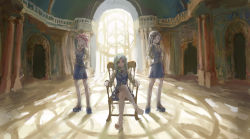 Rule 34 | 3girls, absurdres, arms behind back, barbara parker, blonde hair, blue eyes, brown hair, chair, character request, diana cavendish, hannah england, highres, la~la, crossed legs, little witch academia, long hair, looking at viewer, multiple girls, red hair, school uniform, short hair, sitting, sketch, skirt, smile, witch