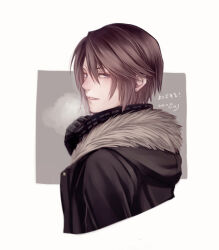 Rule 34 | 1boy, adjusting clothes, alternate costume, black jacket, black sweater, blue eyes, breath, brown hair, cold, commentary request, cropped torso, dated, earrings, final fantasy, final fantasy viii, fur-trimmed jacket, fur trim, gloves, grey background, high collar, hiryuu (kana h), jacket, jewelry, looking back, looking to the side, male focus, open clothes, open jacket, scar, scar on face, short hair, signature, simple background, single earring, solo, squall leonhart, stud earrings, sweater, translation request, upper body, winter, winter clothes
