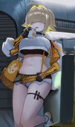 Rule 34 | 1girl, ahoge, anizi, black gloves, black sports bra, blonde hair, blush, breasts, clothing cutout, crop top, cropped sweater, drinking, elegg (nikke), exposed pocket, gloves, goddess of victory: nikke, grey shorts, hair intakes, hair over eyes, highres, large breasts, long bangs, long sleeves, micro shorts, milk carton, multicolored clothes, multicolored gloves, multicolored hair, navel, short hair, shorts, shoulder cutout, solo, sports bra, suspender shorts, suspenders, thigh strap, thighs, two-tone hair, yellow gloves