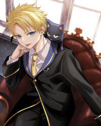 Rule 34 | 1boy, animal, animal on shoulder, armchair, black cat, black jacket, black pants, blonde hair, blue eyes, brown eyes, cat, chair, character request, chiron sagittarius aldea, claude sirius, collared shirt, commentary request, ear piercing, forehead, highres, jacket, kuroneko to majo no kyoushitsu, long sleeves, male focus, natsupa, necktie, on chair, pants, parted bangs, piercing, shirt, white shirt, window, yellow necktie