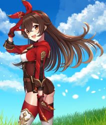 Rule 34 | 1girl, :d, amber (genshin impact), ass, blue sky, breasts, brown gloves, brown hair, brown shorts, cloud, cloudy sky, cropped jacket, genshin impact, gloves, goggles, grass, highres, jacket, long hair, long sleeves, looking at viewer, open mouth, outdoors, red jacket, red ribbon, ribbon, salute, short shorts, shorts, sky, smile, solo, sorakase sawa, thighhighs, yellow eyes