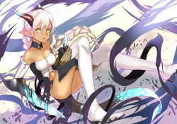 Rule 34 | 1girl, bare shoulders, boots, braid, breasts, cleavage, detached collar, elbow gloves, gloves, green eyes, highres, horns, knife, lips, midriff, navel, original, panties, pink hair, pixiv fantasia, pixiv fantasia t, pointy ears, realmbw, single braid, solo, tan, thigh boots, thighhighs, underwear, white footwear, white thighhighs, zorn dio