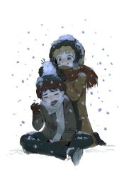 Rule 34 | 2boys, black footwear, black gloves, black hair, blonde hair, blue eyes, blush, brown jacket, chun baii, closed eyes, coat, crossed legs, fur-trimmed hood, fur trim, gloves, hood, hood up, hooded coat, jacket, kenny mccormick, kneeling, male focus, multiple boys, open mouth, orange coat, orange pants, pants, red gloves, red scarf, scarf, shoes, short hair, simple background, sitting, smile, snow, snowing, snowman, south park, stan marsh, sweatdrop, tongue, tongue out, white background, white scarf