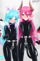 2girls absurdres ahoge anger_vein animal_ear_fluff animal_ears armbinder arms_behind_back black_bodysuit blue_eyes blue_hair blush bodysuit borrowed_character bound bound_arms chastity_belt commission demon_girl demon_horns demon_tail demon_wings flat_chest frown heart heart_ahoge heterochromia highres horns latex latex_bodysuit lock long_hair looking_at_viewer maguro27 multicolored_hair multiple_girls original padlock pink_hair pointy_ears purple_eyes purple_hair red_eyes shiny_clothes skin_tight standing sweat tail two-tone_hair very_long_hair wings