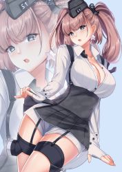 Rule 34 | 1girl, absurdres, artist logo, atlanta (kancolle), black skirt, breasts, brown hair, cleavage, crane (machine), earrings, garrison cap, garter straps, grey eyes, hat, high-waist skirt, highres, jewelry, kantai collection, katou shinobu, large breasts, long hair, looking at viewer, machinery, open mouth, pointing, pointing at viewer, radar, shirt, skirt, solo, star (symbol), star earrings, suspender skirt, suspenders, thigh strap, turret, twintails, two side up, white shirt