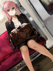 Rule 34 | 1girl, aged up, bag, bags under eyes, black jacket, black skirt, blue eyes, bocchi the rock!, brown pantyhose, cube hair ornament, dutch angle, funi mu9, gotoh hitori, hair ornament, highres, holding, holding bag, jacket, jewelry, looking at viewer, necklace, pantyhose, parted lips, pink hair, ponytail, shaded face, shirt, sitting, skirt, solo, train interior, white shirt