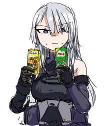 Rule 34 | 1girl, ak-15 (girls&#039; frontline), chocolate, commentary request, drink, dutchko, girls&#039; frontline, gloves, korean commentary, milo (drink), nesquik, purple eyes, silver hair, solo, tactical clothes, white background