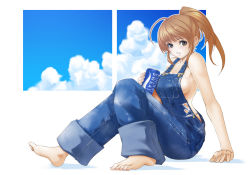 Rule 34 | 1girl, barefoot, brown eyes, brown hair, can, dead or alive, denim, feet, kakizaka hachishika, kasumi (doa), long hair, naked overalls, overalls, panties, pocari sweat, ponytail, product placement, solo, tecmo, torn clothes, underwear