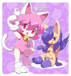 Rule 34 | 2girls, animal ears, bastet (megami tensei), bell, breasts, can, canned food, cat ears, cat paw, cat tail, gloves, hair censor, hair over one eye, long hair, looking at viewer, medium breasts, multiple girls, navel, neck bell, nekomata (megami tensei), nollety, nude, open mouth, pet food, pink hair, purple hair, red eyes, shin megami tensei, shin megami tensei devil children, short hair, tail, thighhighs