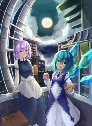 Rule 34 | 2girls, :d, adapted costume, blouse, blue eyes, blue hair, blue skirt, blue vest, blush, building, cirno, cowboy shot, dress, food, full moon, hair between eyes, highres, ice, ice wings, letty whiterock, light purple hair, looking at viewer, moon, moonlight, multiple girls, natori youkai, night, open mouth, pink eyes, sandwich, shirt, skirt, smile, touhou, vest, white dress, white shirt, wings