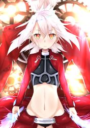 Rule 34 | 1boy, 1girl, archer (fate), archer (fate) (cosplay), back-to-back, black panties, cape, cosplay, crop top, fate/kaleid liner prisma illya, fate (series), flat chest, floating hair, frown, gears, groin, hair between eyes, highres, illyasviel von einzbern, long hair, looking at viewer, midriff, navel, panties, red cape, silver hair, stomach, tapioka (oekakitapioka), thigh gap, underwear, waist cape, yellow eyes