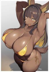 Rule 34 | 1girl, animal ear fluff, animal ears, arms up, artist name, bikini, breasts, brown eyes, brown hair, collarbone, colored skin, dog ears, dog girl, dog tail, eyelashes, fang, female focus, from above, furry, furry female, gradient background, grey background, half-closed eyes, highres, huge breasts, long hair, looking at viewer, micro bikini, open mouth, original, shadow, shiny skin, shirokoma (wagahai hakushaku), side-tie bikini bottom, simple background, skin fang, skindentation, smile, solo, standing, swimsuit, tail, thighs, yellow bikini