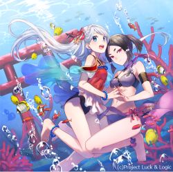 Rule 34 | 10s, 2girls, :d, air bubble, animal, anklet, armband, asahikawa hiyori, barefoot, bead bracelet, bead necklace, beads, bikini, black hair, black one-piece swimsuit, blue eyes, bracelet, bubble, closed mouth, copyright name, coral, dress, fish, freediving, hair ornament, hair ribbon, holding breath, jewelry, long hair, looking at viewer, looking up, luck &amp; logic, multiple girls, navel, necklace, one-piece swimsuit, open mouth, ponytail, purple bikini, purple eyes, red dress, red ribbon, ribbon, short hair, silver hair, smile, swimming, swimsuit, teeth, thighs, torii, underwater, watermark